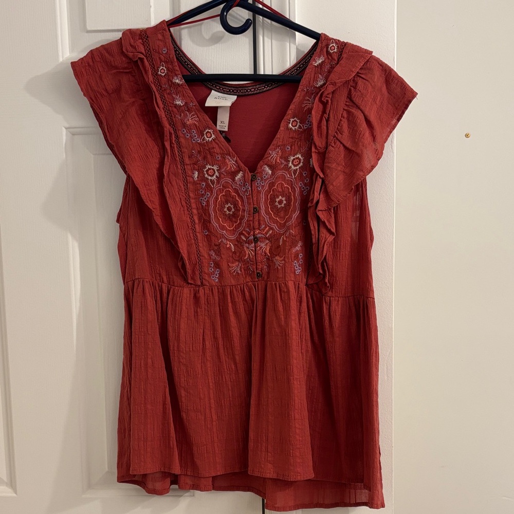 Knox Rose Embroidered Ruffle Sleeve Blouse - Deep Red